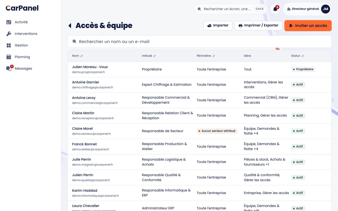 L'écran Accès & équipe : chaque membre, son rôle et ses actions (ajuster, confier, révoquer).
