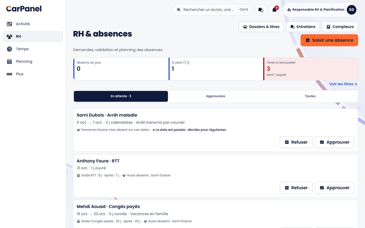 Le module RH : absences, compteurs de congés, certifications et entretiens.