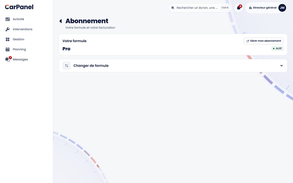 L'écran Abonnement : votre formule et son statut, et le changement de formule.