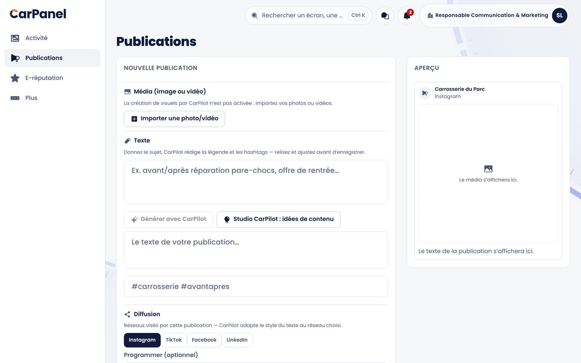 Les publications réseaux sociaux, rédigées avec l'aide de CarPilot.