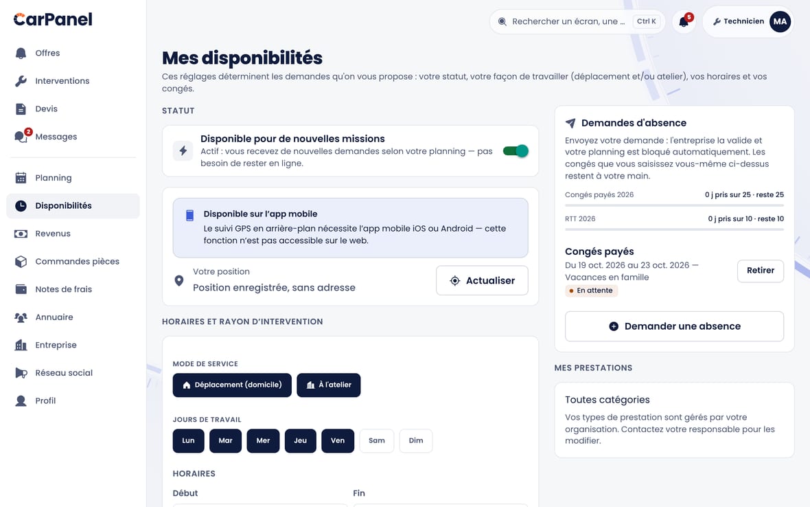 Gérer ses modes de service, ses horaires, sa mise en pause et ses absences.
