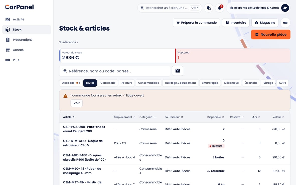 Le stock & les articles : catalogue valorisé, seuils de réapprovisionnement, mouvements.