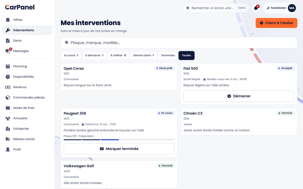 L'espace technicien : vos interventions à chaque étape.