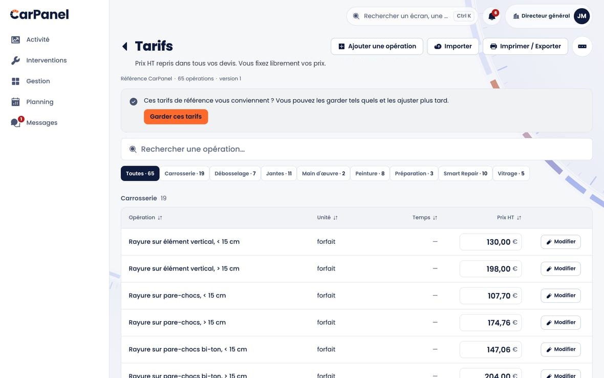 La grille tarifaire : la grille de départ CarPanel, que vous personnalisez librement.
