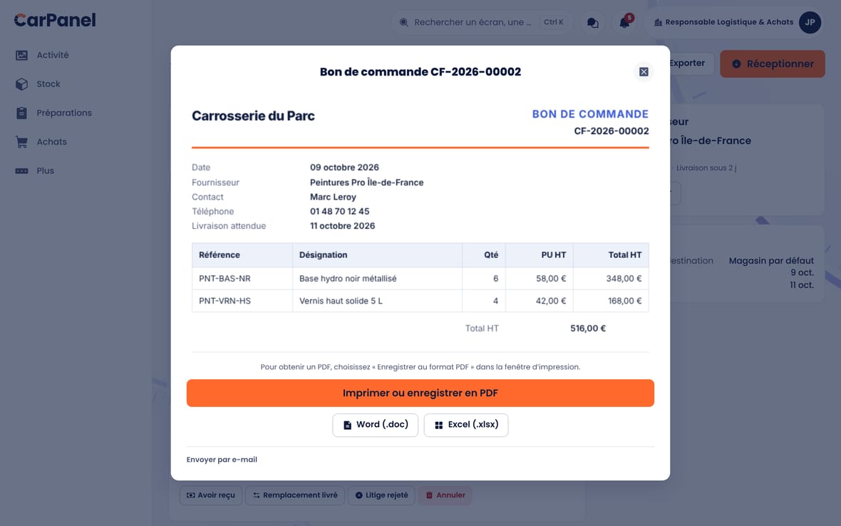 L'aperçu avant impression d'un bon de commande : le document est émis au nom de votre entreprise.