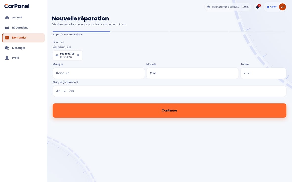 La nouvelle demande CarPanel : photos des dégâts, description, adresse — et estimation immédiate.