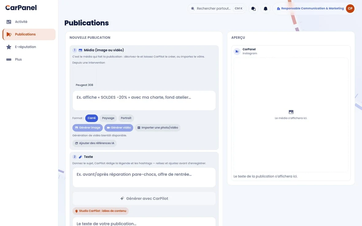 Le module communication de CarPanel : composer une publication pour les réseaux sociaux.