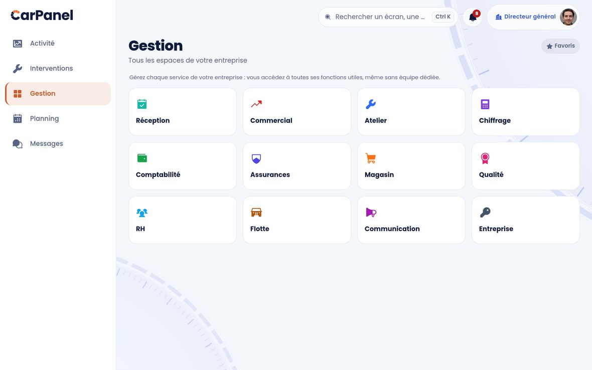 Le hub des services CarPanel : réception, commercial, atelier, chiffrage, comptabilité, magasin, qualité, RH, flotte…