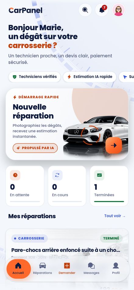 L'accueil client CarPanel : lancer une nouvelle réparation en photographiant les dégâts.