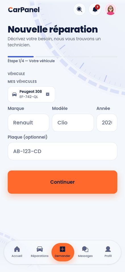 La demande de réparation CarPanel : véhicule pré-rempli, description et photos.