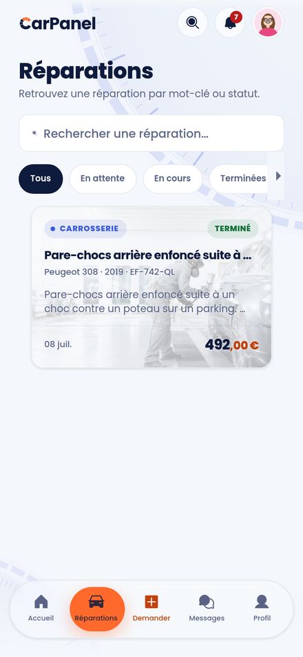 Le suivi des réparations dans CarPanel : statut, montant et historique de chaque dossier.
