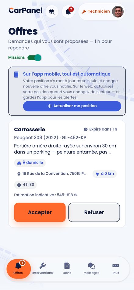 L'écran Offres du technicien CarPanel : une demande proposée avec estimation, à accepter ou refuser sous 1 heure.
