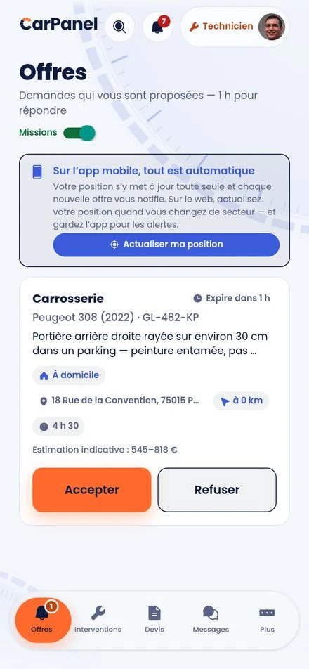 L'écran Offres du technicien CarPanel : une demande proposée avec estimation, à accepter ou refuser sous 1 heure.