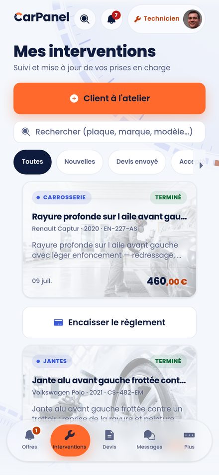 Les interventions du technicien CarPanel : chantiers carrosserie et jantes, statuts et encaissement.