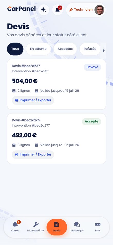 Les devis du technicien CarPanel : montants, statuts côté client, impression et export.