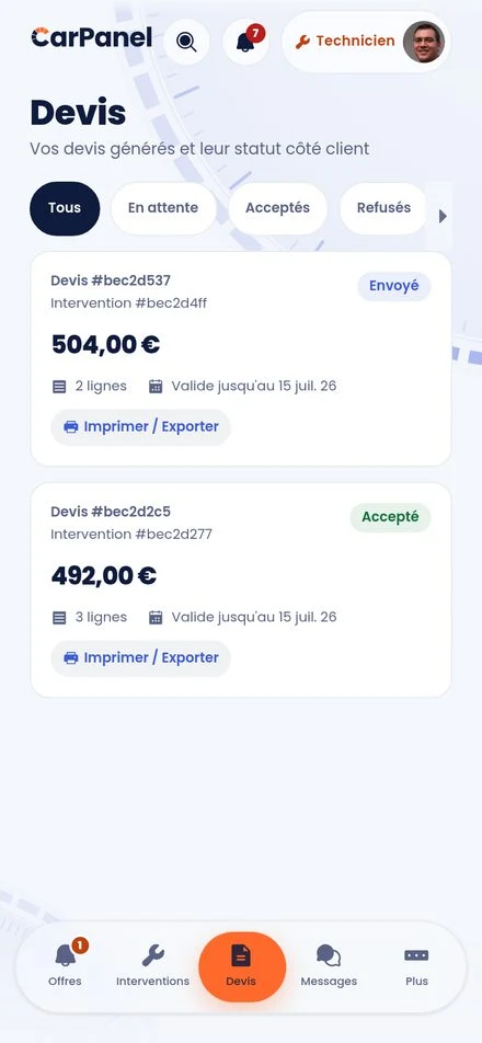Les devis du technicien CarPanel : montants, statuts côté client, impression et export.