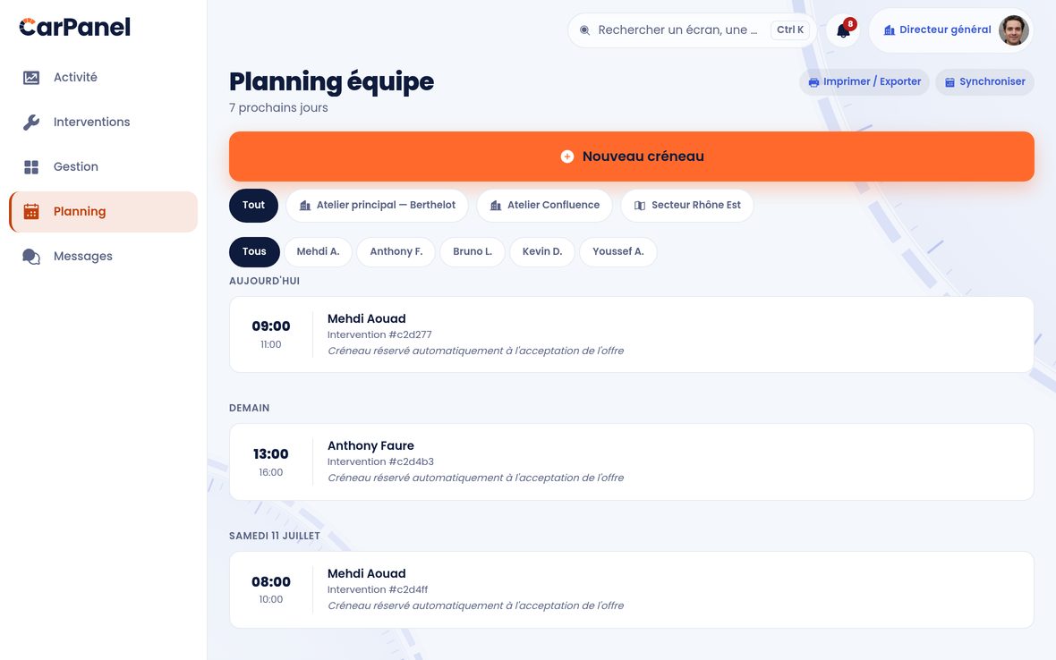 Le planning d'équipe CarPanel : créneaux par technicien, filtres par atelier et par secteur.