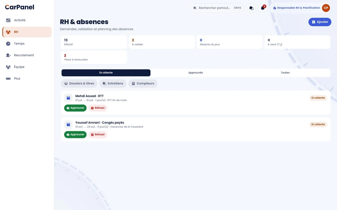 Le module RH de CarPanel : demandes d'absence, effectif et échéances à renouveler.