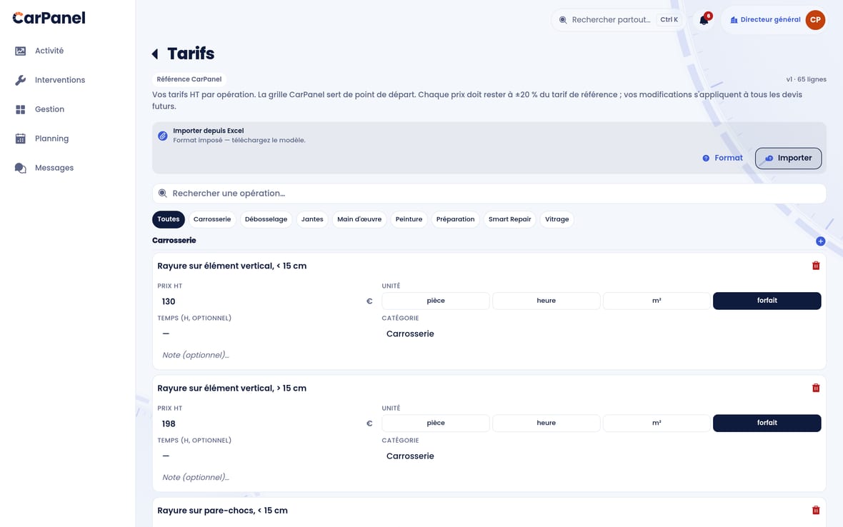 La grille tarifaire CarPanel : opérations, prix de référence, comparaison au marché.
