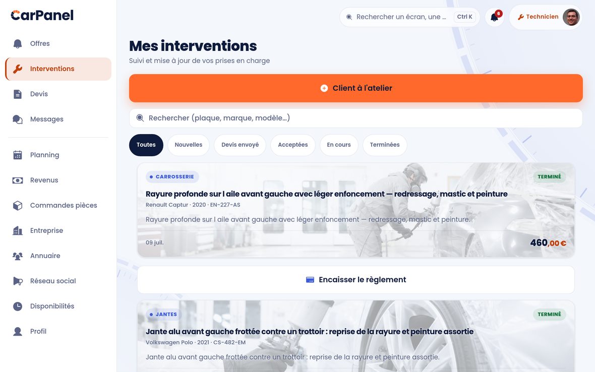 Les interventions dans CarPanel : smart repair, jantes et carrosserie — véhicule, plaque et montant sur chaque dossier.